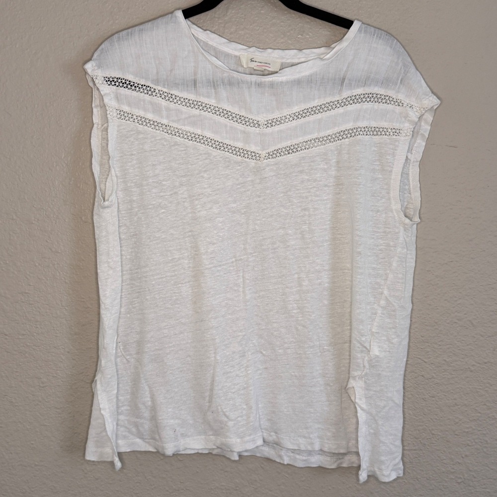 Coastal Nautical Fisherman Womens White Linen Crochet Trim Top Airy Womens Small